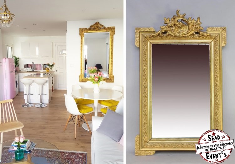 miroir doré ancien en bois 60x80 location décoration landes mont-de-marsan chic bohème mariage réception menu