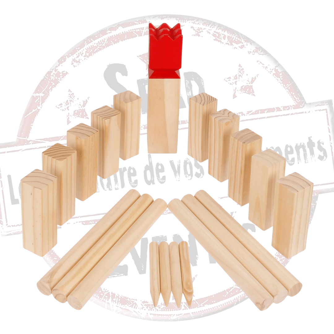 Jeux du roi kubb en bois. Louez ce jeu de quilles en bois et tentez d'abattre les quilles en bois "valets" des adversaires à l'aide d'un bâton. Mariage, anniversaire, kermesse, fête de village, soirée... Retrouvez nous dans les Landes, en Gironde, dans les Pyrénées-Atlantiques et dans le Gers.