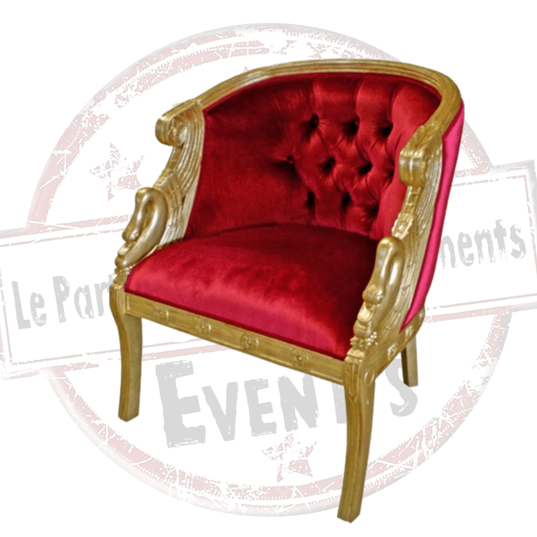 fauteuil empire col de cygne rouge et or vintage. location d'un fauteuil vintage rouge et or, pour evenement, mariage, anniversaire, seminaire, .kermesse, fête de village, soirée... Retrouvez nous dans les Landes, en Gironde, dans les Pyrénées-Atlantiques et dans le Gers.